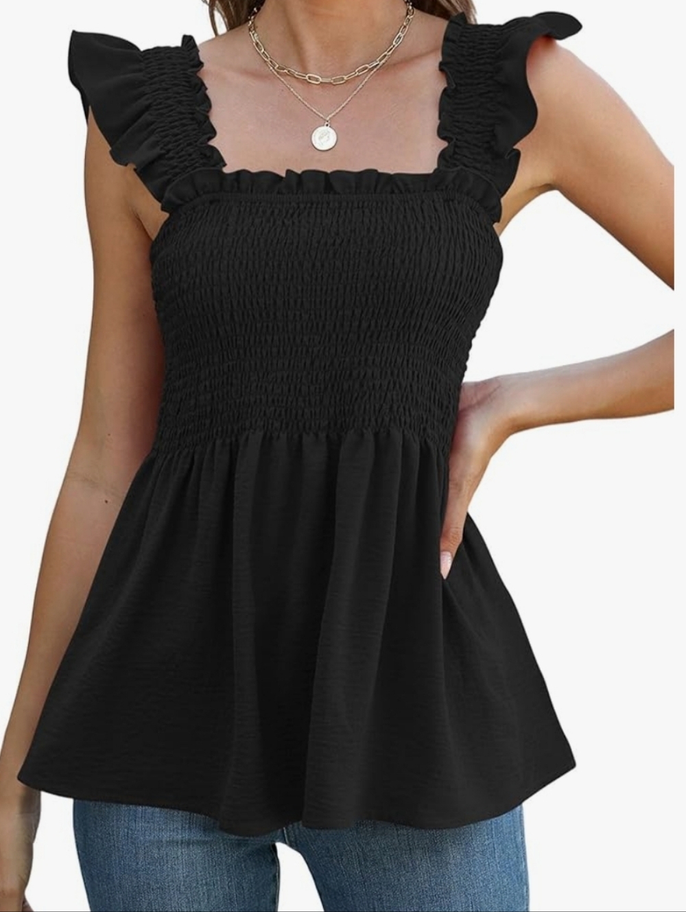 Smocked Ruffle Strap Women's Tank Top - Black